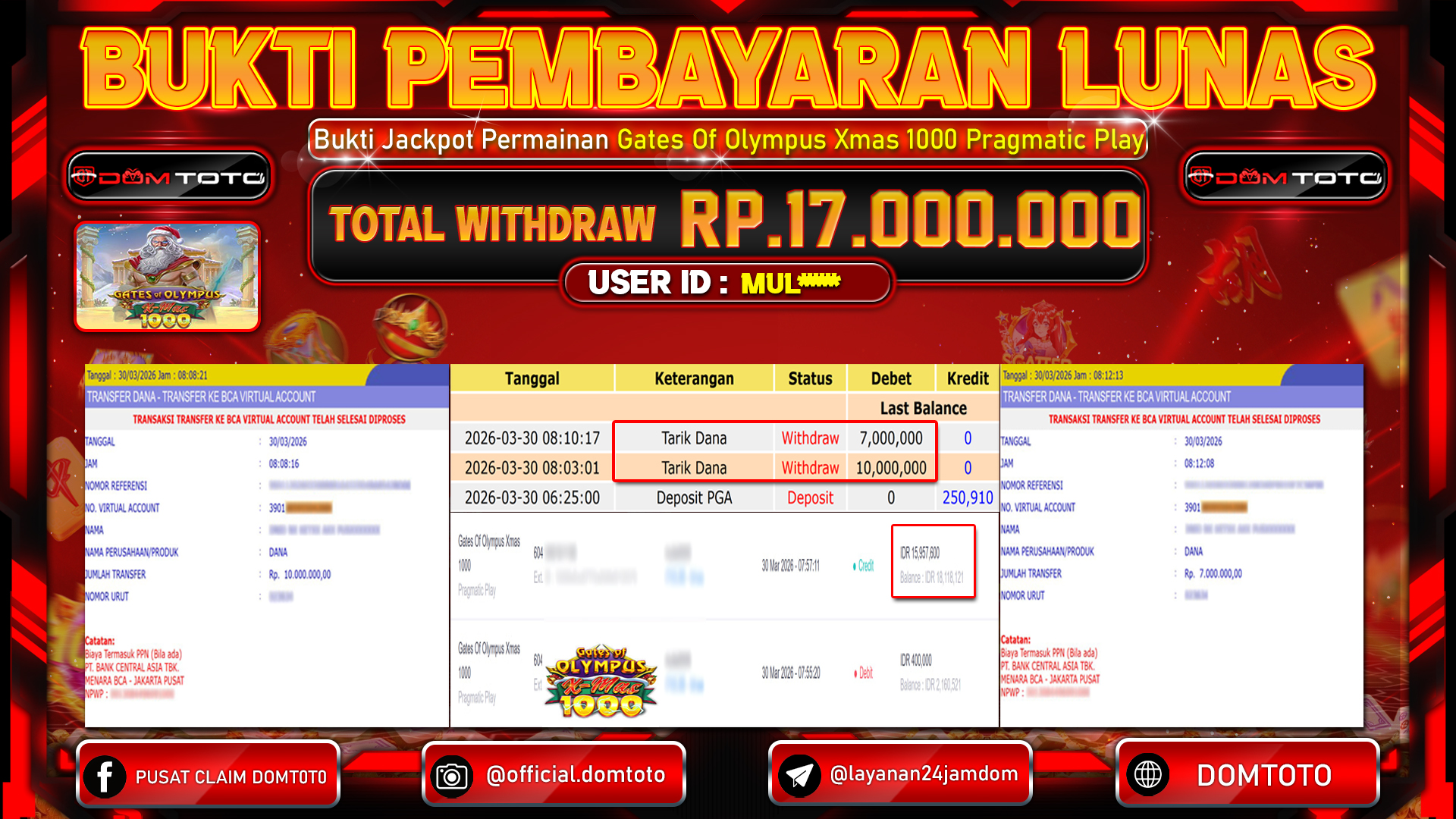 JACKPOT SLOT Gates Of Olympus Xmas 1000 Pragmatic Play 30 MARET 2026